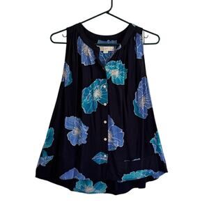 LOFT Button Front Rayon Floral Print Sleeveless Top Size XS Blue Breezy